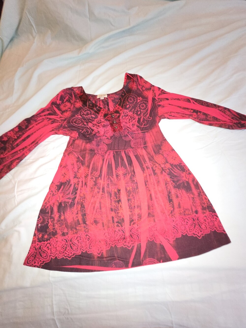 One World Live & Let Live Red Black Paisley Boho Tunic Top Size M